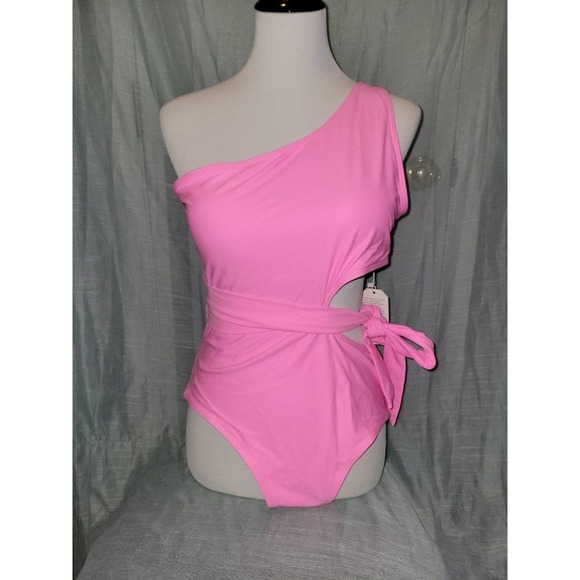 One Piece Swimsuit large pink, one shoulder, ties - Picture 2 of 3